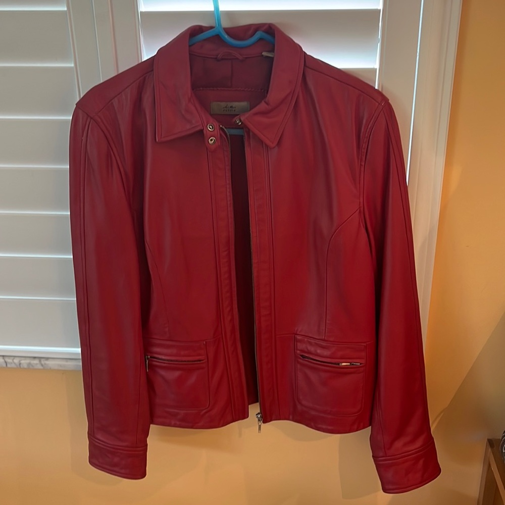 Red Leather jacket I.E. petite large . Genuine leather with Acrylic lining.